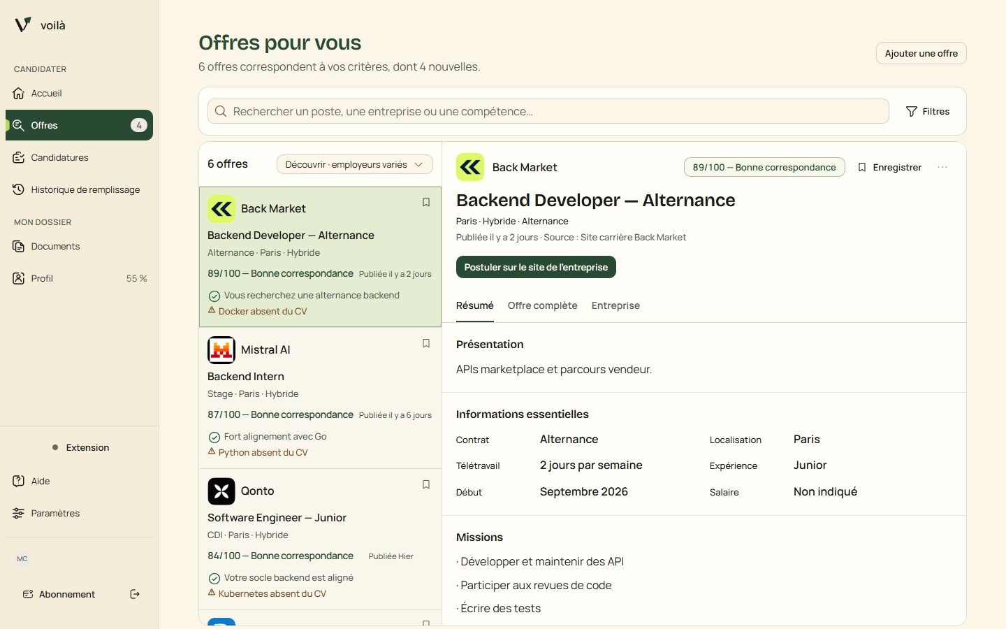 Le dashboard Voilà, onglet Offres : Back Market, Mistral AI et Qonto, avec l’annonce Backend Developer chez Back Market ouverte.